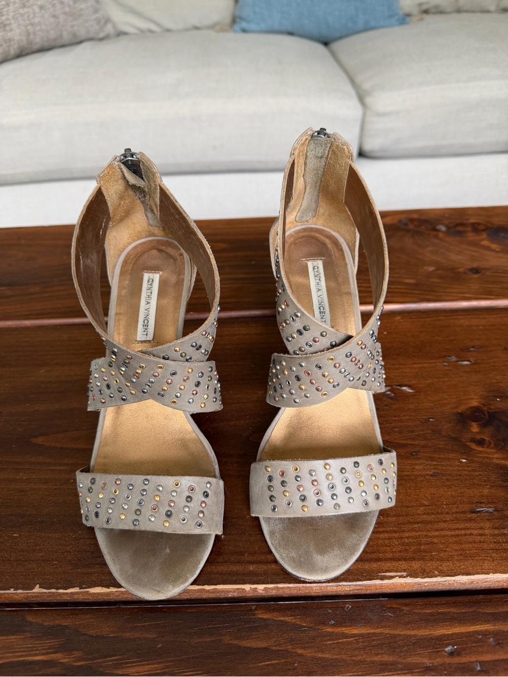 Cynthia Vincent Grey Studded Heeled Sandals | Leather | Zip Back | Size 7